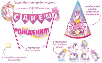 Мини-гирлянда топпер "С Днем рождения!" Единорожка